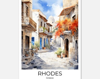 Vieille ville de Rhodes - Aquarelle d’affiche de voyage - impression de voyage art mural impression fineart Rhodes wallart Rhodes cadeau