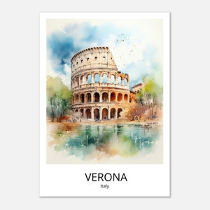 Arena di Verona, cartel de viaje de acuarela Verona, impresión de arte de Italia, decoración de la pared de Verona, cartel de viaje de Verona, memoria de Verona, viaje de Verona