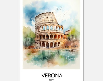 Arena di Vérone - Affiche de voyage aquarelle Vérone Artprint Affiche de voyage Vérone Décoration murale