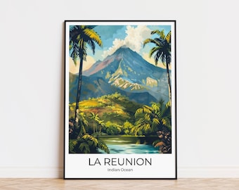 Cartel de La Reunión, Cartel del paisaje de La Reunión. Decoración de pared de La Reunión, impresión fotográfica de La Reunión. Póster del volcán de La Reunión