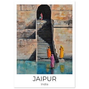 May include: A watercolor painting of a stone building with a staircase leading to an arched doorway. Three women in colorful saris are walking down the stairs towards a pool of water. The painting is titled "JAIPUR, India".