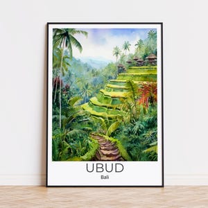 UBUD-Bali | Poster di viaggio ad acquerello Ubud | Arte da parete Bali | Stampa di viaggio | Decorazione murale di Bali