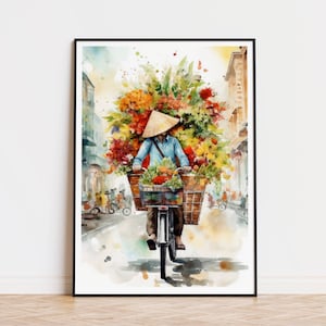 Casco antiguo de bicicletas de flores de HANOI | Póster de viaje en acuarela de Hanoi | Cuadros de pared Hanói | Viajes Vietnam | Decoración de la pared de Hanói