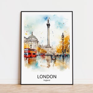 Cartel de viaje de LONDRES Englad Trafalgar Square, cartel de acuarela, impresión de viajes de Londres, regalo de Londres, recuerdos de viajes de Londres