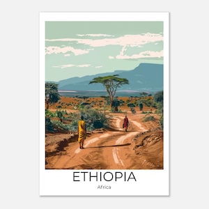 Puede incluir: Una ilustración colorida de un paisaje en Etiopía, África. La imagen muestra un camino de tierra con tres personas caminando por él. El camino conduce a una cordillera en la distancia. Hay árboles y arbustos a ambos lados del camino. El cielo es azul con nubes blancas.
