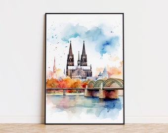COLOGNE on the Rhine with Cologne Cathedral - Watercolor - Travel Poster Art Print Cologne Wallart Cologne