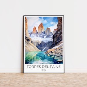 Afiche de viaje Torres des Paine - Afiche de viaje en acuarela Torres del Paine | Cartel de viaje Chile | Afiche de viaje a Torres del Paine,| Impresión de viajes Chile