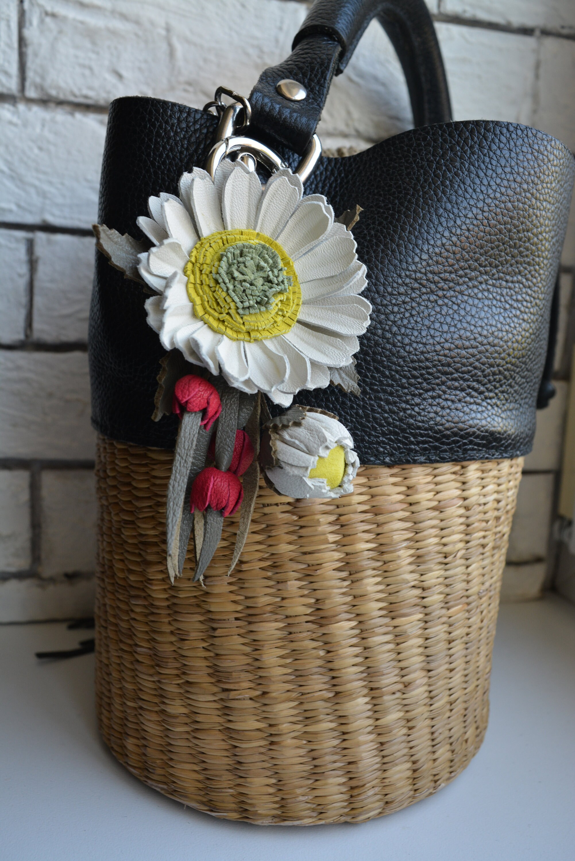 Genuine Leather Flower Bag Charm Daisy and pink bellsHandbag | Etsy