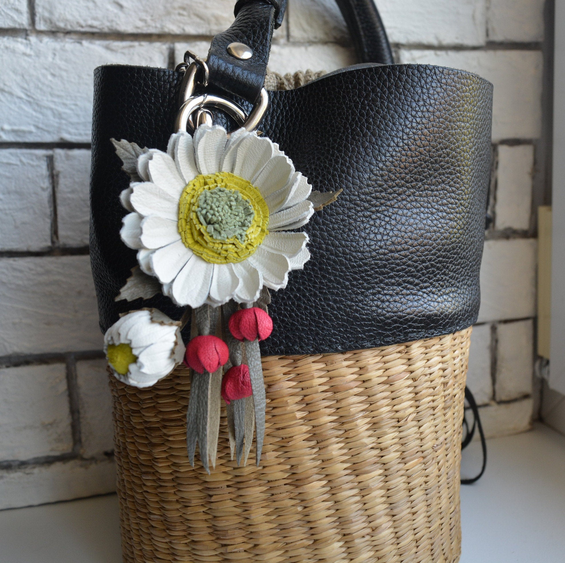 Genuine Leather Flower Bag Charm Daisy and pink bellsHandbag | Etsy