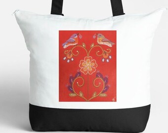 Zippered tote featuring printed Bluebirds & Flowers