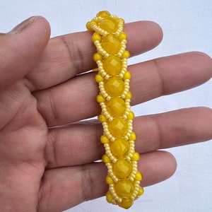 Flat Spiral Weave Beaded Bracelet, Woven Bracelet, Beaded Bracelet Faceted Yellow Glass