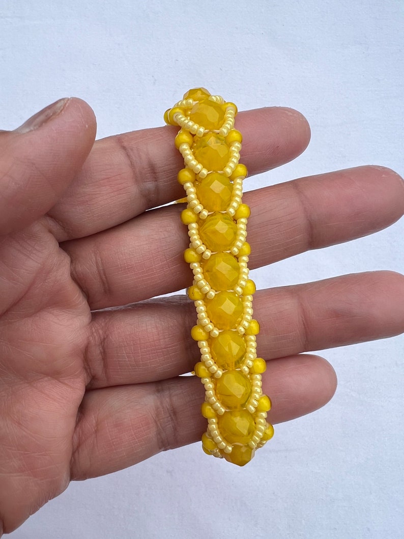 Flat Spiral Weave Beaded Bracelet, Woven Bracelet, Beaded Bracelet Faceted Yellow Glass
