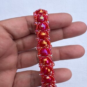 Flat Spiral Weave Beaded Bracelet, Woven Bracelet, Beaded Bracelet Faceted Red Glass