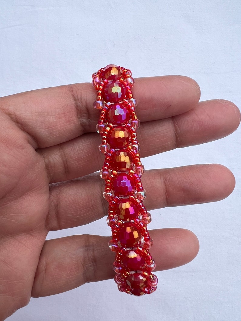 Flat Spiral Weave Beaded Bracelet, Woven Bracelet, Beaded Bracelet Faceted Red Glass