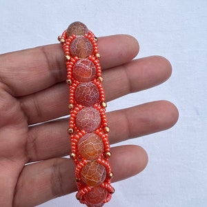 Flat Spiral Weave Beaded Bracelet, Woven Bracelet, Beaded Bracelet Orange Crackle Agate