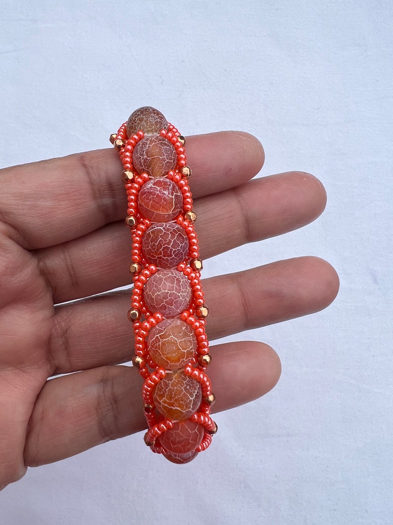 Flat Spiral Weave Beaded Bracelet, Woven Bracelet, Beaded Bracelet Orange Crackle Agate