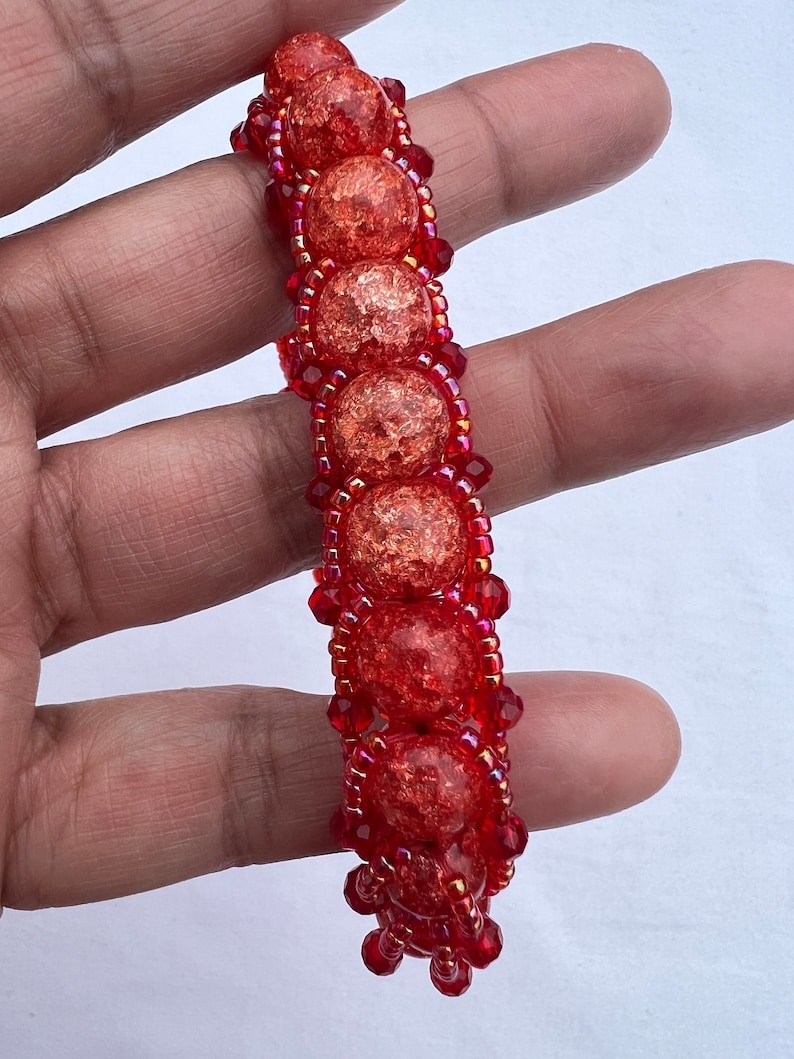 Flat Spiral Weave Beaded Bracelet, Woven Bracelet, Beaded Bracelet Red Crackle Quartz