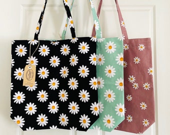 100% Cotton Tote Shopping Bag Reusable Washable Eco Friendly Daisy Flowers in Black, Mint and Blush