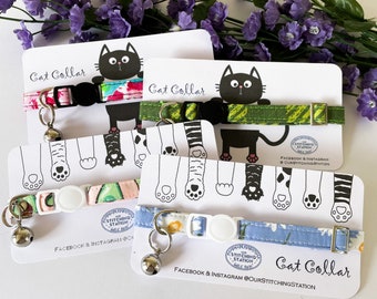 Fabric Cat Collars with Round Breakaway Buckle 10mm with Silver Adjustable Glider and Optional Silver Bell