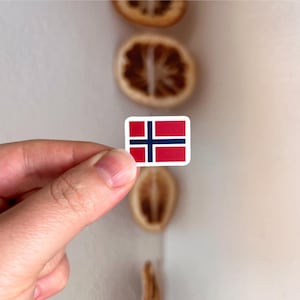 以下が含まれることがあります： ノルウェーの国旗が描かれた小さな長方形のステッカー。赤い背景に白で縁取られた青い北欧十字が特徴です。ステッカーは角が丸くなっており、背景にはぼやけた乾燥フルーツのスライスが写っています。