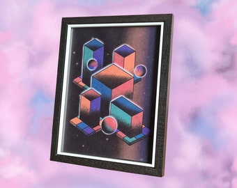 A5 Retro Space Print Poster Wall Art | Vaporwave Aesthetic Nostalgia Surreal Kid Core Pride Geometric 80s Framed |