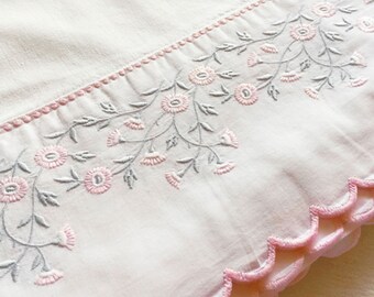 Vintage French top sheet, white, embroidered flowers, pink and grey, Shabby chic bed sheet, romantic bedlinen, cottage charm