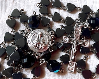 Vintage Virgin Mary black catholic rosary Virgin of Tears, Mary Heart prayer rosary, Syracusa pilgrimage rosary chaplet, religious gift