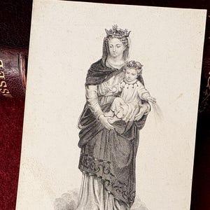 Image pieuse Marie ancien français catholique, carte religieuse prière Marie Notre Dame de Graçay vintage 1870s, carte missel collection