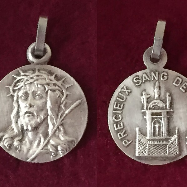 Médaille religieuse Jésus Ecce Homo vintage français signé Tschudin, pendentif catholique Jésus et Précieux sang Fécamp cadeau collection
