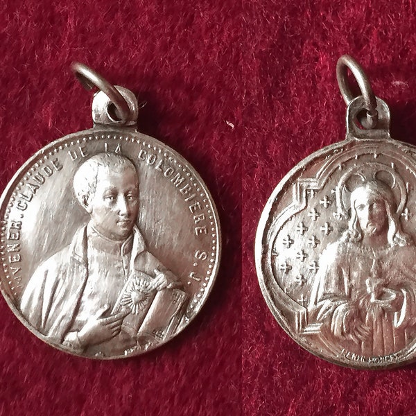 Rare Médaille religieuse Saint Catholique Claude de la Colombière vintage français et Jésus Coeur pendentif signé PENIN, collection cadeau