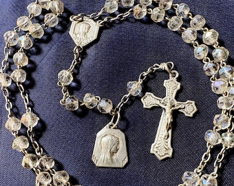 Antique French Lourdes Catholic Rosary, Art Deco chaplet, Clear Glass Prayer Beads, Marian medal
