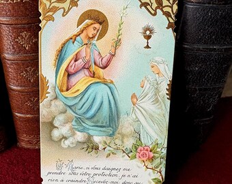 Cartão antigo francês de Santa Maria, cartão de oração católica vintage de Maria, cartão religioso antigo, Criança de Maria, presente para coleção de cartões de livros de missa