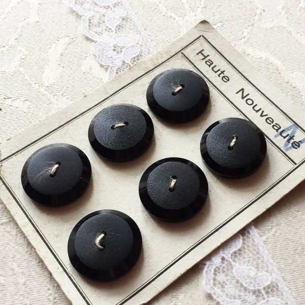 6 black buttons on card, 21 mm, fashion buttons, black, 3/4", sewing buttons, vintage 1950, cardigan buttons, vest buttons, knitting buttons