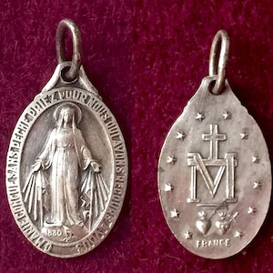 Vintage French Virgin Mary catholic religious pendant, Mary protection medal, Blessed Mother miraculous medal, silver metal  Mary medallion
