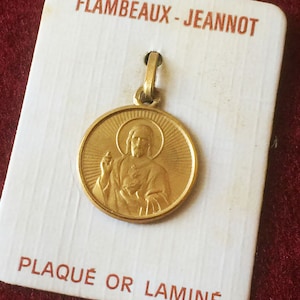 Jesus Heart pendant gold plated, Vintage Jesus Mary catholic pendant, Sacred Heart of Jesus charm gift, made in France
