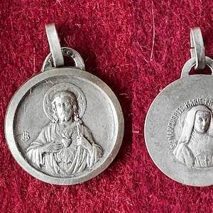 Vintage French Jesus religious pendant, catholic Jesus Sacred Heart medal w Saint Margaret Mary Alacoque, devotion medal gift, collection