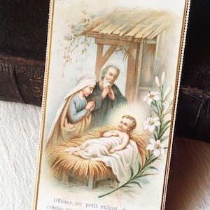 Image pieuse Jésus ancien français Nativité, vintage carte religieuse catholique Jésus crèche et Sainte Famille, carte missel collection