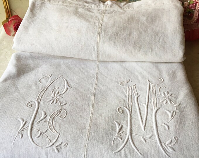 Antique French Monogram Sheet Antique Mixed Linen Top Sheet Etsy