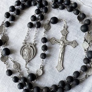 Vintage French black catholic rosary, antique Mary rosary w 10 medals and black wood beads, 5 decades rosary, Mary devotion gift