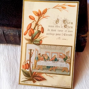 Image pieuse Jésus vintage français catholique, carte religieuse ancienne Jésus la Cène, carte prière communion 1899 collection cadeau