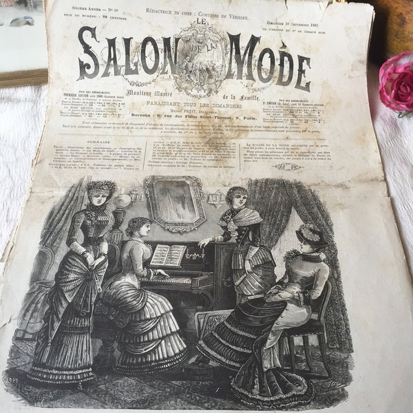 1881 vintage french Victorian fashion journal for women, Paris fashion journal publication, "le salon de la mode" 1800s Paris Lady costume