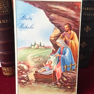 Carte catholique Sainte Famille vintage, Image pieuse Nativité format carte postale religieuse  vintage 1950s fait en Italie