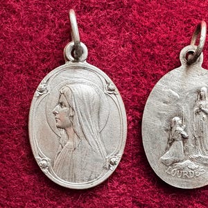 Vintage French Mary religious medal Lourdes, antique Virgin Mary catholic pendant, Blessed Mother Mary gift collection