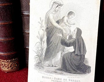 Cartão francês antigo de Maria Santíssima 1866, cartão de oração católica de Maria Nossa Senhora da Graça vintage, cartão religioso antigo, coleção de cartões de livro de missa
