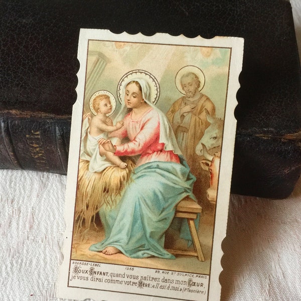 Image pieuse Marie Jésus vintage français, carte religieuse Sainte Famille Jésus Nativité Noël catholique, carte missel collection cadeau