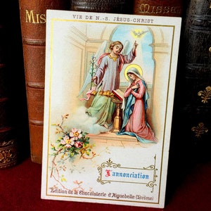 Image pieuse Vierge Marie vintage catholique français, carte de prière Marie "L'Annonciation, carte pieuse ancienne missel collection