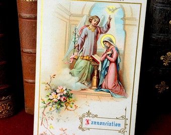 Cartão de oração vintage da Virgem Maria francesa, cartão sagrado católico "A Anunciação", cartão religioso de Maria Jesus, coleção de livros de missa
