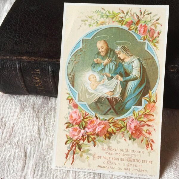 Image pieuse Sainte Famille vintage français catholique, carte religieuse Jésus Marie Joseph prière, carte missel Noël collection cadeau