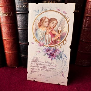 Antique French holy card communion with Angels, vintage catholic religious card 1908, mass book card collection gift