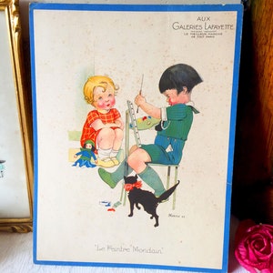 Oude Franse kindertradekaart groot, oude posterafdruk met kinderen Galerie Lafayette Parijs, kindermode jaren 1920, reclameposter
